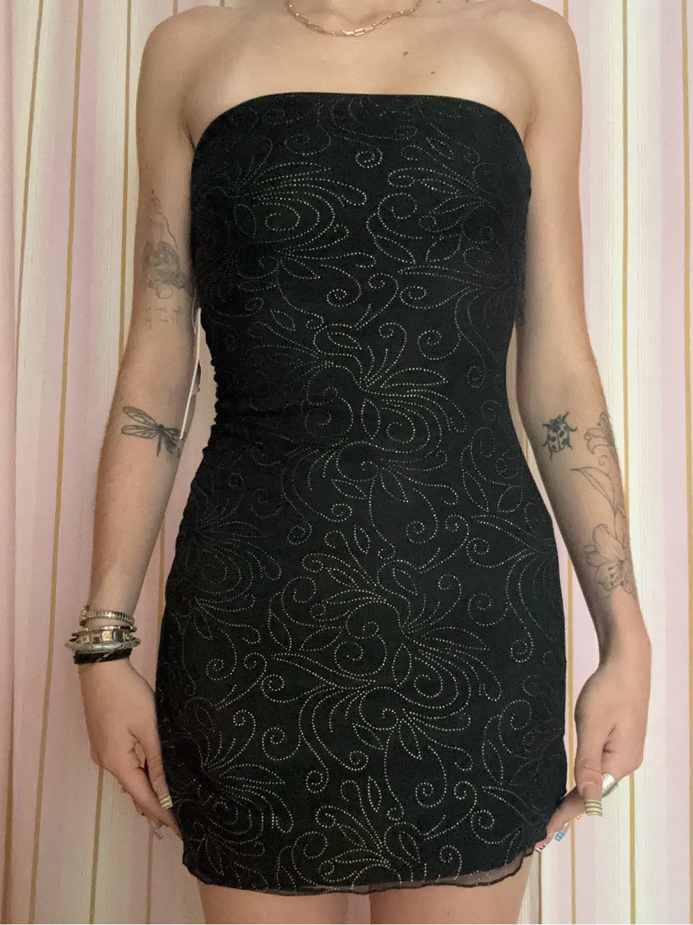 Black Strapless Gold Embellished Bodycon Dress